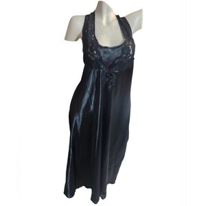 La Lingerie Black Lace Trim Satin Chemise Nightgown
